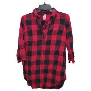 No Boundaries Junior's Red Black Buffalo Plaid Roll Tab Flannel Pullover Size M